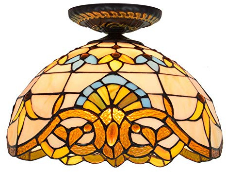 KXEcoLife Lampadario da soffitto in Stile Tiffany con Vetro colorato, Luce Verso l'Alto, Giallo, Stile Barocco Vintage, 30 cm, Ideale per Soggiorno, Sala da Pranzo, Camera da Letto e Corrido