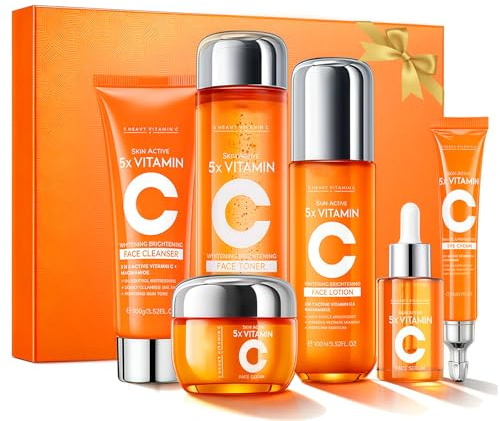 Pack Cuidado Facial Vitamina C 6 Piezas,Set Skincare Mujer Hidratante e Iluminador con Sérum Vitamina C,Limpiador Facial,Tónico,Crema Facial,Contorno de Ojos y Loción,Rutina Facial Completa