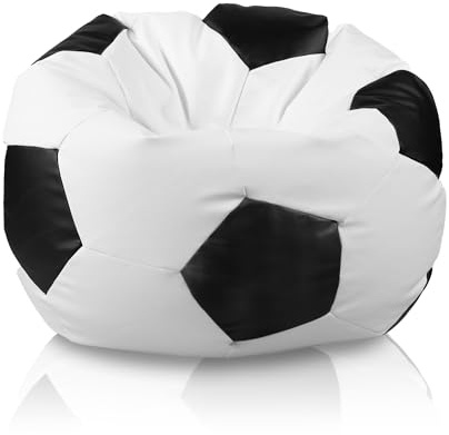 Bepouf - Poltrona a Sacco Pallone Calcio in Ecopelle con Imbottitura in Palline di Polistirolo, Poltrona a Sacco adatta per Camera e Salotto - Dimensione Grande 90x55, Colore Bianco e Nero