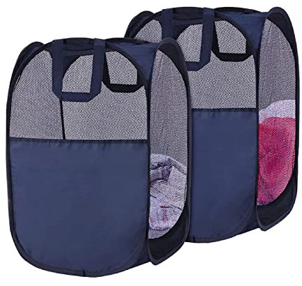 SYVOFOX 2 Pack Mesh Collapsible Laundry Baskets, Pop up Laundry Hamper Bins,Folding Washing Basket with Handles for Clothes Tidy Storage-Navy