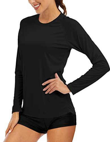 MAGCOMSEN Damen Langarmshirt UV Sonnenschutz T-Shirt Leicht Surfen Rashguard Damen Basic Trainingsshirt UPF 50+ Schnell Trockend Outdoorshirt mit Rund Ausschnitt Schwarz L