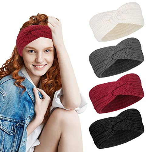 AKlamater 4 Pcs Winter Knit Headbands Women Twist Thermal Knitted Headbands Winter Ear Warmer Crochet Hair Band Head Wraps for Outdoor Activities or Daily Life
