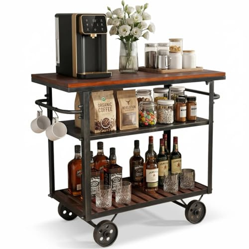 BOKKOLIK Vintage Rolling Bar Cart on Wheels Industrial Mobile Serving Cart Metal and Wood Design for Kitchen Bar Office Coffee House 36.2 Lx15.75 Wx30.5 H 3 Tier with 2 Side Handle