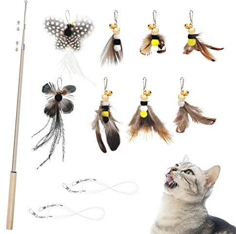 SONGWAY Interaktives Katzenspielzeug Feder - Katzenspielzeug Set mit 8 Insekt Natürliche Ersatzfedern mit Glocken, Katzenangel, Einziehbare Federstab Katze Spielzeug für Kätzchen und Katzen