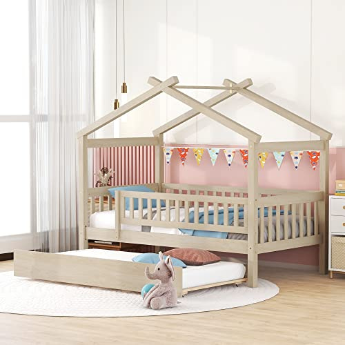 Merax Twin Size Wooden House Bed with Twin Size Trundle, Wood Bed Frame with Roof and Safety Guardrail for Kids, Teens, Boys or Girls, Natural