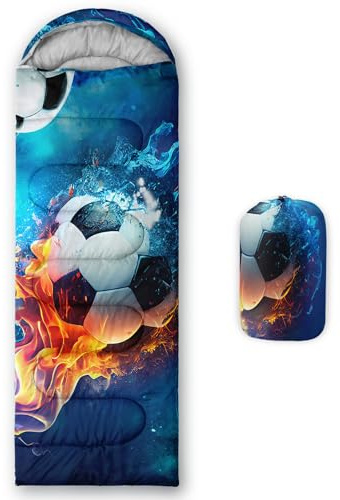 QOOMO Ice Fire Football Sports Printed Camping Sleeping Bags,3 Season Warm & Cool Weather,Lightweight,Waterproof Sleeping Bags for Adults & Kids,Traveling,and Outdoors,Camping Gear Equipment,31x90inch