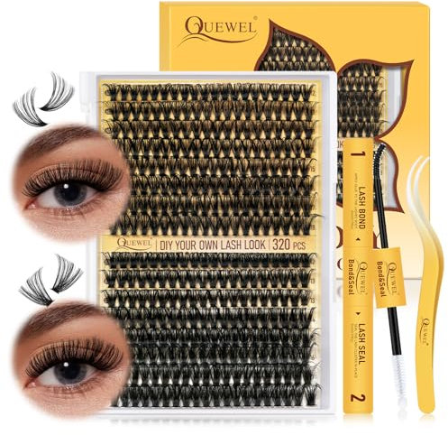 QUEWEL Extensions Cils 320 pièces 60D+80D, Kit-Extension-Cils-DIY, Touffes de Cils MIX 12–18mm avec Colle et Pince à Cils, pour créer des yeux charmants à la maison (Kit 60+80D-D-MIX12–18)