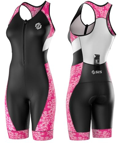 SLS3 Tuta da triathlon da donna, monopezzo, da triathlon, con reggiseno senza mensola, Rosa floreale e nero, X-Large