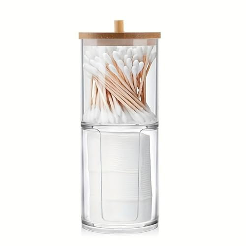XINCHENG Wattestäbchen Behälter und Wattepadspender, Stapelbar Wattestäbchen Halter, 2 in 1 Doppelschicht Make Up Organizer Transparent Kosmetik Aufbewahrung mit Bambusdeckel