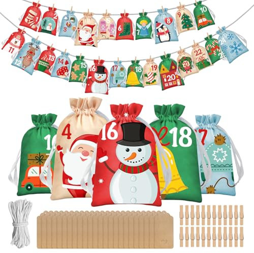 Tarklanda Adventskalender zum Selber Befüllen, 24 Adventskalender Tüten Säckchen, Stoffsäckchen Geschenktüten Weihnachten, Weihnachtskalender zum Befüllen, Weihnachtsdeko für Kinder Frauen Männer
