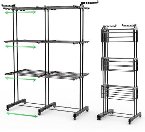 VOUNOT® 2 in 1 Stendino Verticale Salvaspazio Allungabile, 3 Livelli Stendibiancheria a Torre Pieghevole con Ruote, 12 Ali e 2 Bracci Estensibili per Interno ed Esterno, Nero