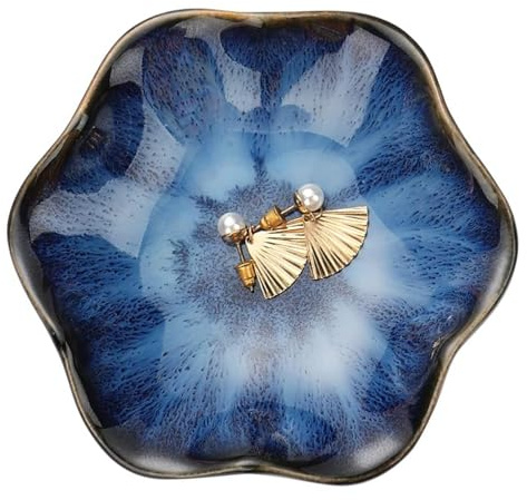 CavspkArt Plateau à bijoux décoratif en céramique, petit plat à bijoux, plateau à clés, cadeau pour femmes et filles (bleu foncé)