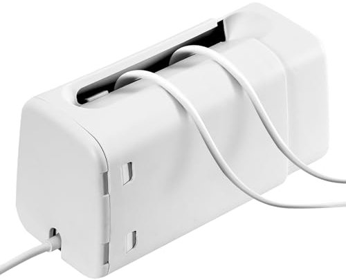 GCRQ Adjustable Cable Tidy Box - Child Safety Cable Management Box with Twin-Lock & Finger Guard Vents. Electrically Safe ABS, Fits Most Extension Blocks, Hide Sockets/Cables (White)