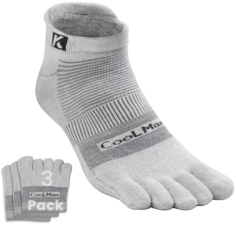 KWUKOTY Cushioned Compression Ankle Running Toe Socks COOLMAX, 3 Pairs Grey Men & Women Size 3-6