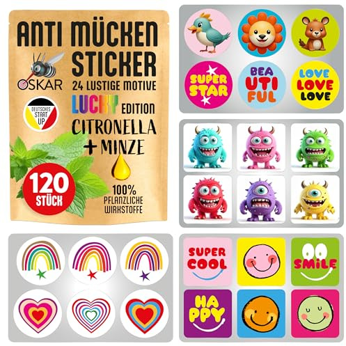 OSKAR - 120 Stück lustige Anti-Mücken Sticker für Kinder - Super Soft - 100% natürlicher Mückenschutz dank Citronella+Minze - Must have für Reise+Urlaub, Camping+Wandern, Sport+Freizeit