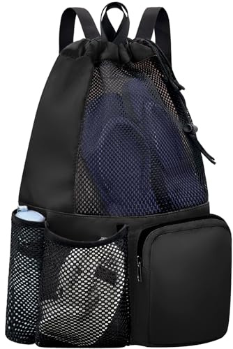 lifwimner Swim Bag Mesh Beach Drawstring Backpack with Wet Pocket Waterproof for Gym Workout Men Women (Black)
