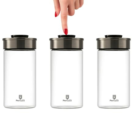 BURI Förvaringsglas, vakuumglas, set om 3, 1 950 ml, förvaringsburkar glas med lock i rostfritt stål och vakuum klickmekanism | lufttät malsäker, stapelbar diskmaskinssäker, läckagesäker