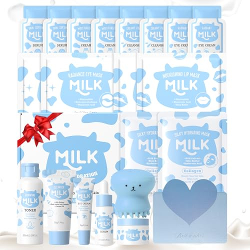 BeauBase Milk Skincare Kit, 22 unidades Set de Cuidado Facial para Niñas, con Limpiador Facial Tónico Suero Contorno de Ojos Crema y Mascarillas, para Hidratante Calmante Nutritivo Piel Radiante