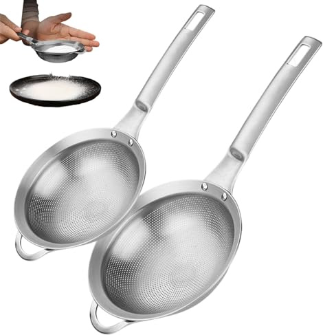 Gcroet Fine Mesh Sieve Set of 2, Stainless Steel Mesh Strainer with Handle, Punch-Hole Mini Sifter for Baking, Cooking, Tea, Juice, Flour, Dishwasher Safe Silver Strainers...