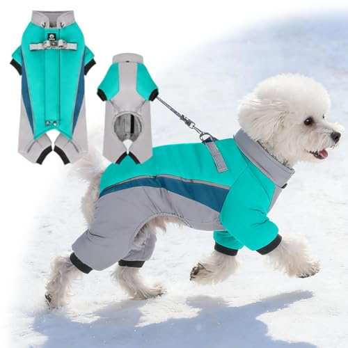 Hunde-Wintermantel, Ganzkörper-Abdeckung, warmer Fleece-Hunde-Schneeanzug mit integriertem Geschirr, wasserdicht, winddicht, Welpenpuffer mit 4 Beinen, reflektierend, Rollkragen, kaltes Wetter, Grün
