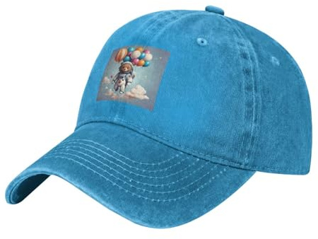 UDFKGLP Black Washed Denim Baseball Cap Hat Balloon Bear Astronaut Prints for Men & Women, Classic Curved Brim, Blue, One Size