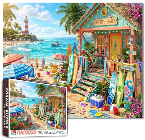 Puzzles tropicaux paradisiaques 1000 pièces - Puzzles de cabane de surf d'été - Puzzles d'art pour jeux de famille stimulants - Maison de plage - Bricolage - Travail manuel - Planches de surf pour