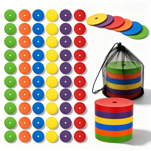 Lot de 60 disques de marquage de football, 15 cm, marqueurs de sol antidérapants en 6 couleurs, avec sac en filet noir, marqueurs d'entraînement plats pour football, basket-ball, gymnastique, agilité