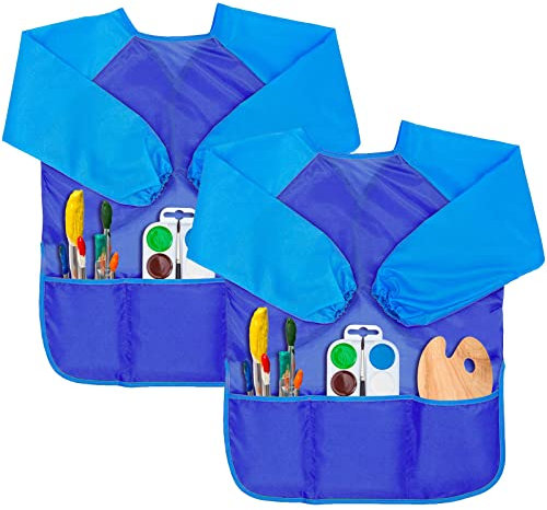 Gwolf Malkittel Kinder 2 Stück Malschürze Kinder Schule 7-10 Jahre, Wasserdichte Werkschürze Kinder Schule mit Ärmeln und 3 Taschen, Malhemd für Malerei, Kochen, Essen,Laboraktivität (Blau)