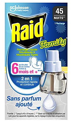 RAID FAMILY RECHARGE ÉLECTRIQUE LIQUIDE MOUSTIQUES & MOUSTIQUES TIGRES, 1 RECHARGE 45 NUITS, 27 ml