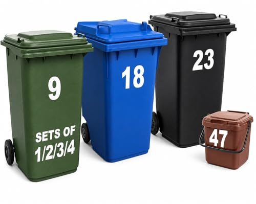 Rubigo Set of 1/2/3/4 Bin Numbers for Wheelie Bins – 17.5cm Dustbin Stickers – Easy Application Stick On Number Stickers - Weatherproof Self Adhesive Vinyl