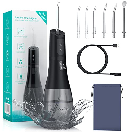 Portable Water Dental Flosser for Teeth Cordless Rechargeable Oral Irrigator with 5 Modes 40-140PSI for Teeth Cleaning IPX7 Waterproof (Black)