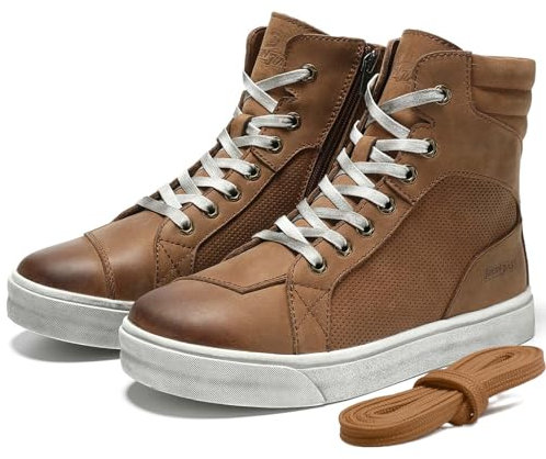 Motorradschuhe Herren Leder Retro Motorradstiefel Männer lässige motorrad sneaker reissverschluß mit Schaltpolster, Rutschfeste Sohle(Braun, 43)
