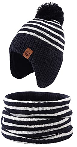 XIAOHAWANG Strisce Inverno Beanie Cappello Lavorato a Maglia Ragazzi Ragazze Toddler Bambini Caldo Bambino Classici Beanie Cappelli (Marina (Cappello+Sciarpa), M)