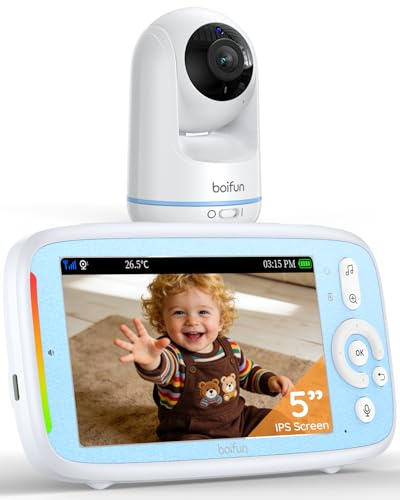 BOIFUN Baby Monitor with 5 IPS Screen, 360° Camera, Night Vision, 2-Way Audio, VOX, Temperature Sensor, Lullabies, Feeding Reminder, 3050mAh Battery, No WiFi Needed