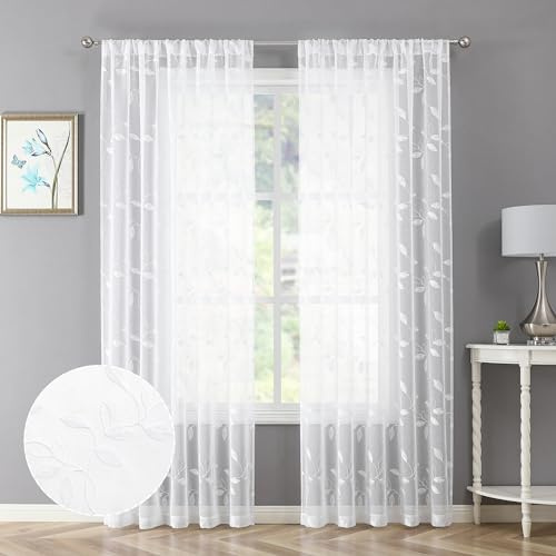 Tollpiz White Leaf Sheer Curtain Leaves Embroidered Bedroom Curtains Rod Pocket Voile Window Treatment for Living Room, 54 x 95 inches Long, Set of 2 Panels