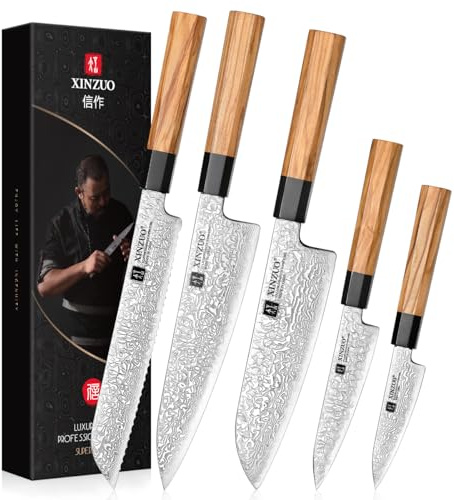 XINZUO 5 Pezzi Set di Coltelli da Cucina Acciaio Damasco Set di Coltello da Cuoco,Professionali Forgiati Lame Affilate Coltelli da Damasco-Chef Santoku Pane Universale Frutta-Manico in Legno d'Ulivo