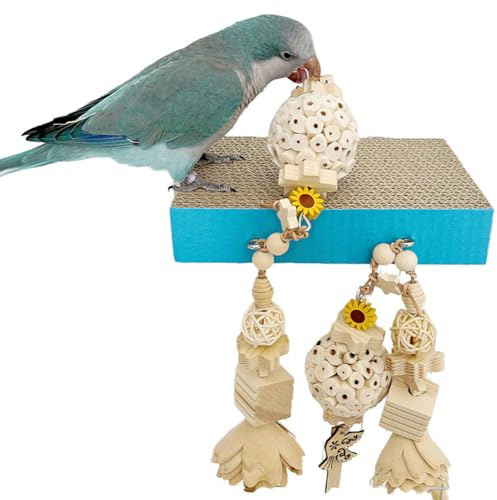 Hapihom 3pcs Bird Perch Stand With Chewing Toys, Parrots Cardboard Platform Playground, Bird Paw Grinding Stand, Climbing Ladder For Parakeet Cockatiel ﻿ Medium with 2 chew toys