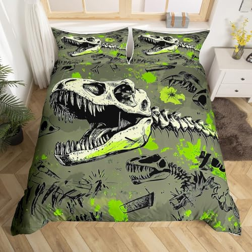 Homewish Juego de ropa de cama con diseño de dinosaurios, diseño de dinosaurios y cráneos, 135 x 200 cm, diseño de dinosaurios