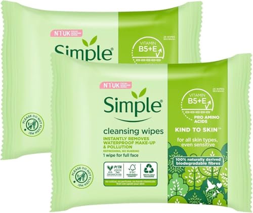 Simple Facial Wipes Pack of 2 Biodegradable Cleansing Wipes for Sensitive Skin Removes Makeup Dirt and Impurities Dermatologically Tested Moisturising Face Wipes with No Artificial Perfume or Colour