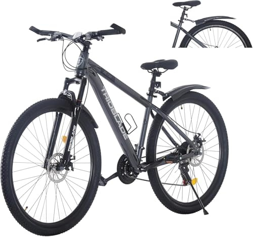 LSBIKE 24 26 27.5 29Inch Mountain Bike 21 Speed Drivetrain Hardtail Bicycle Mens Women Mountain Bike With Shock Lightweight Sport Cycling Bike for Adult with Mudguard MTB Bicycle (Grey, 27.5inch)