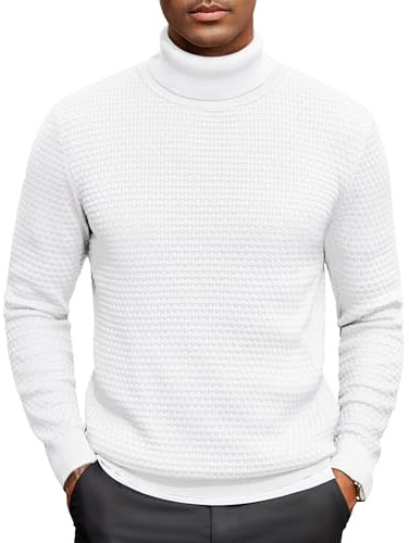 COOFANDY Pull à Col Roulé pour Homme Sweater Tricoté d'hiver Pull-Chemise à Col Roulé en Maille Fine Pulli Blanc L