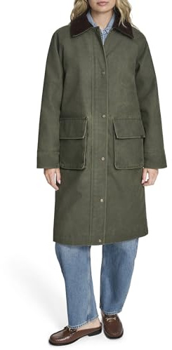 Levi's Women's Wax Look Long Barn Coat with Plaid Lining, Dark Olive, Medium
