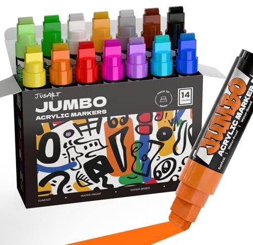 JusArt 14 Colors Jumbo Markers for Poster, 15mm Wide Tip | Permanent Acrylic Paint Pen for Large Banners and Signs, Thick Markers for Fabric, Rock, Wood, Metal, Canvas, Water-Based