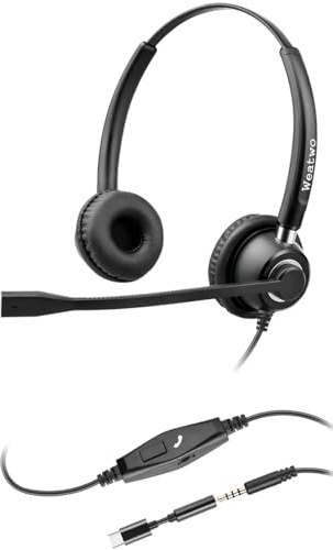 Weatwo 3.5mm Auriculares con Micrófono, Cancelación de Ruido, USB-C / 3.5mm Jack 2-en-1 PC Auriculares, Auriculares Estéreo con Control en línea para Teams, Negocios, Skype, Zoom, Oficina - Negro