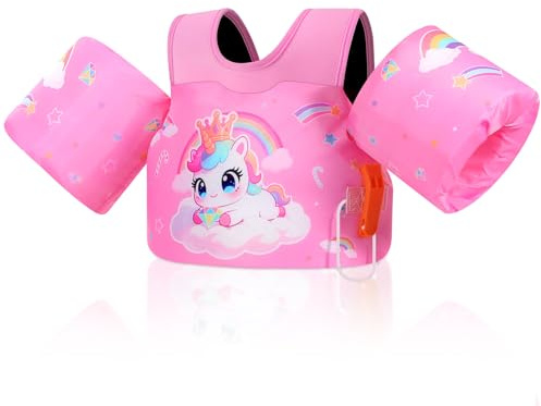 MoKo Gilet de Bain pour Enfants 20-50 lbs, Brassard de Natation avec Sangle Réglable, Gilet de Natation, Veste de Natation Flottant, Équipement de Natation pour Piscine, Rose Pâle & Licorne à Couronne