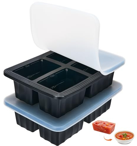 2 Pack Extra Large Soup Containers for Freezing, Silicone Cube Soup Freezer Mould with Lid, Meal Prep Soup Storage Containers, Large Ice Cube Tray for Sauce, 4-Compartment Freezer Container,Black