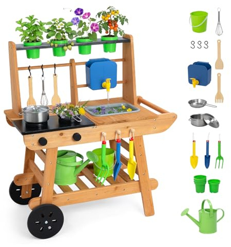OOOK Cuisine Exterieur Enfant avec Roulettes, Cuisine en Bois Enfant Extérieure avec évier amovible et Cuisinière Rabattable, Mud Kitchen idéal pour Tout-petits à dès 3 ans | Cuisine de jardin multifonction en bois de sapin, pour garçons et filles à partir de 3 ans, kit d'accessoires complet