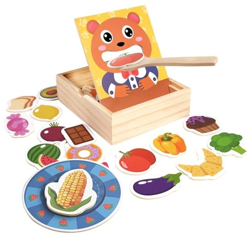 Giocattolo per dare da mangiare ai bambini - Set di cibo finto in legno, gioco di apprendimento delle abilità motorie per bambini con scatola portaoggetti per cucchiaio e di , alimenti da g