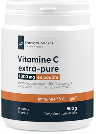 Vitamine C extra-pure (acide L-ascorbique) ≥ 99% – Poudre en vrac 500 g – Cuillère doseuse intégrée – 2 doses/jour (1000 mg) – Obtenue par fermentation (sorbitol issu du maïs) – Fabriquée en France