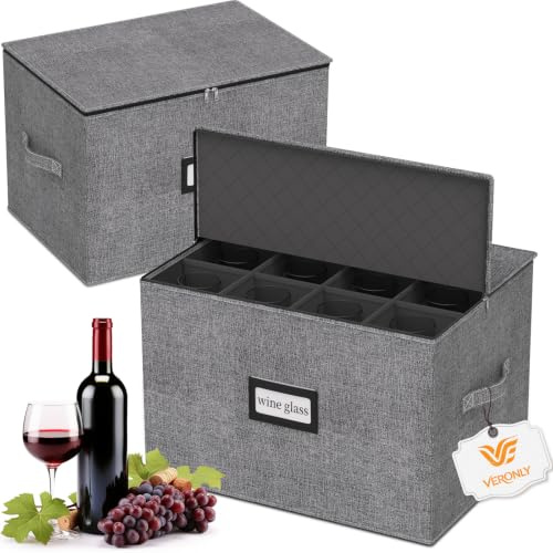VERONLY Wine Glass Storage Box with Lid, 2-Pack Hard-Shell Stemware Case | Oxford,cushioned lining,hard-shell protection, 12 dividers,double zipper and handles, stackable, for moving, RV, camping
